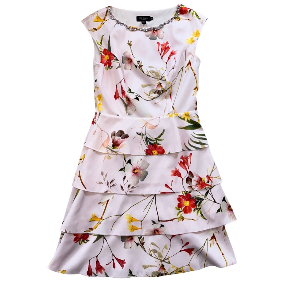 Ted Baker polyester mini dress with jeweled neckline. Size 2.